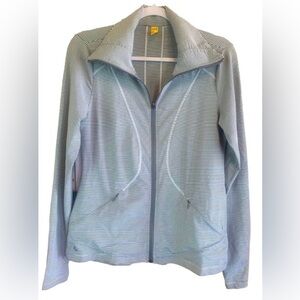 Lole Running Jacket; Gray and White Stripes; Sz Large; Thumbholes/2 Zip Pockets